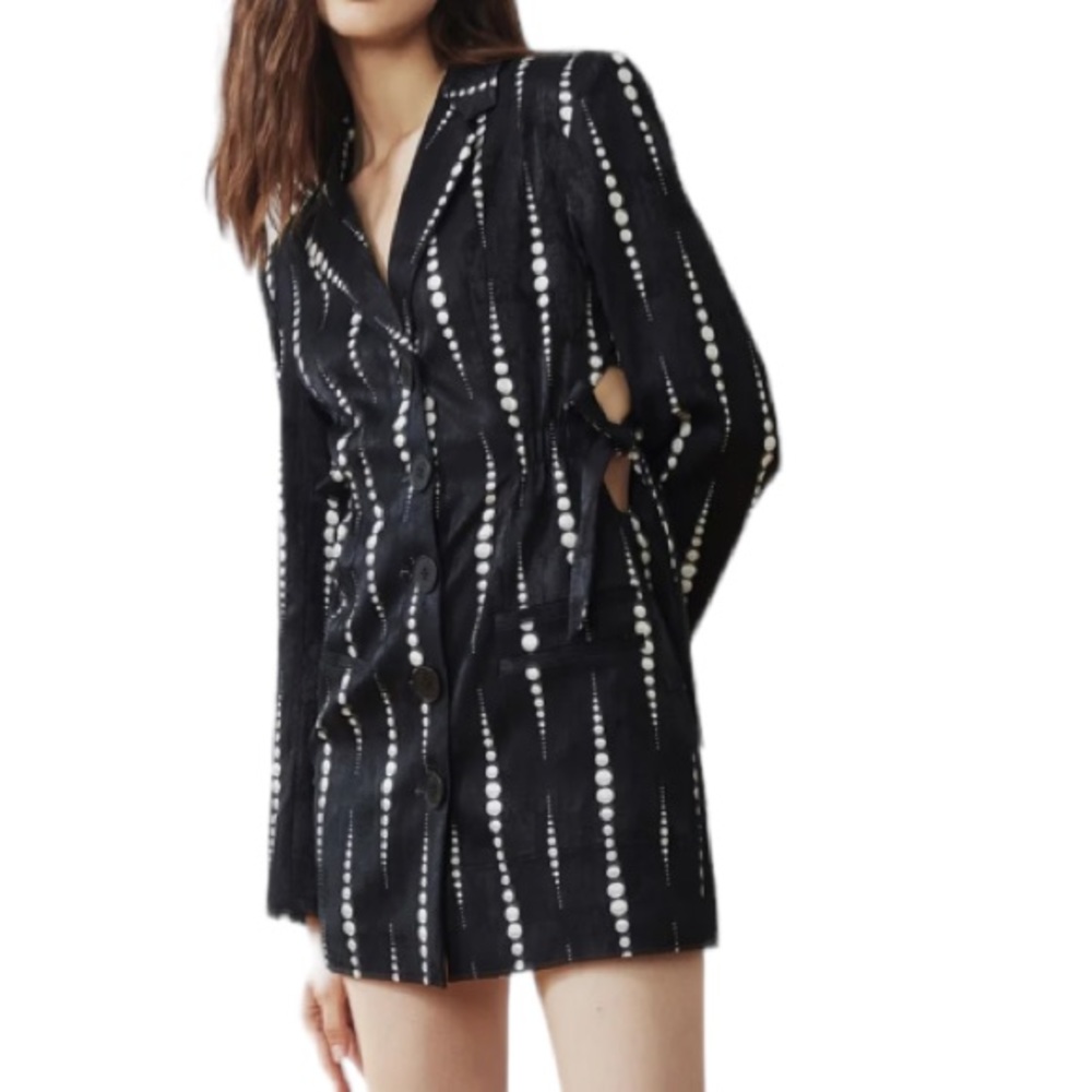 QUAINT Black & White Ludovica Belted Blazer Mini Dress Side Cutout Nylon Blend